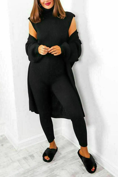 Labeless 3 Piece Suit Roll Neck Chunky Knitted Tracksuit Ladies Loungewear Set