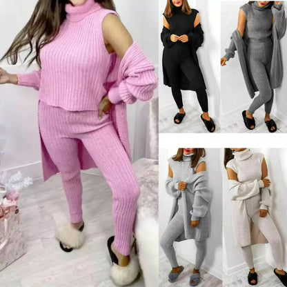 Labeless 3 Piece Suit Roll Neck Chunky Knitted Tracksuit Ladies Loungewear Set