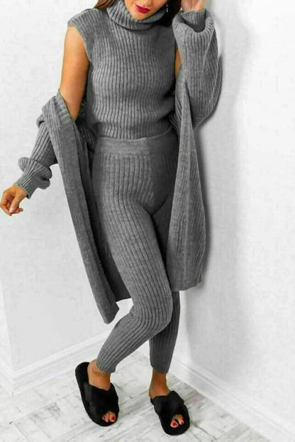 Labeless 3 Piece Suit Roll Neck Chunky Knitted Tracksuit Ladies Loungewear Set