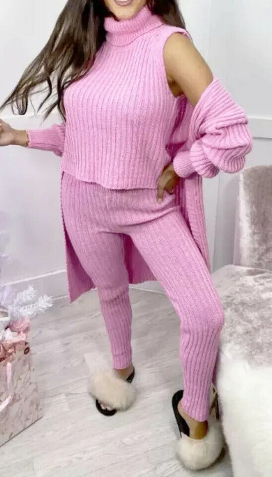 Labeless 3 Piece Suit Roll Neck Chunky Knitted Tracksuit Ladies Loungewear Set