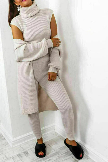 Labeless 3 Piece Suit Roll Neck Chunky Knitted Tracksuit Ladies Loungewear Set