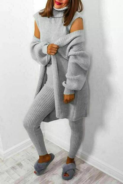 Labeless 3 Piece Suit Roll Neck Chunky Knitted Tracksuit Ladies Loungewear Set